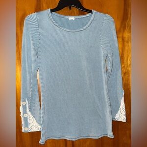 Lovely Melody Blue Ribbed Lace Sleeve Women's Top Size M